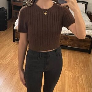 Brown Zara Knit Cropped Sweater Top with eyelash soft fabric